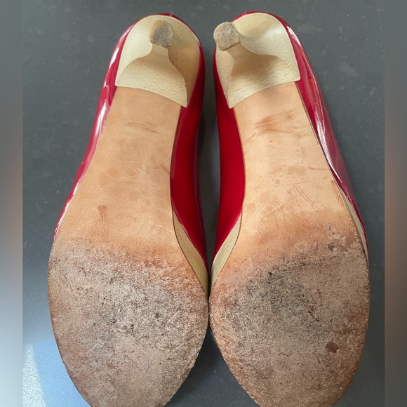 Stuart Weitzman Candy Apple Red Patent Leather Peep Toe Platform High Heel 8.5M - Picture 6 of 8